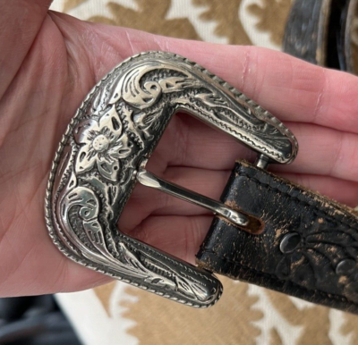 CHAMBERS Silver metal Buckle Leather Belt Sz 38 Brown  display picture 3