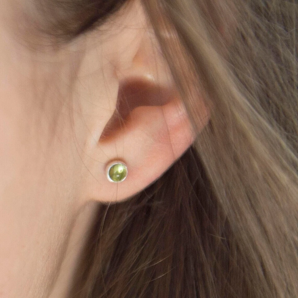 Natural Peridot Round Cabochon Gemstone 925 Sterling Silver Women Stud Earrings - Image 2 of 4
