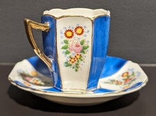 Vintage Mini Collectible Ceramic Teacup  Saucer Blue  Floral Set Made In Japan