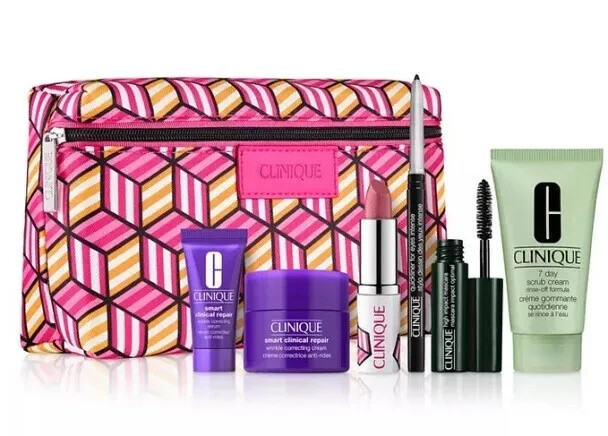 CLINIQUE 7 Piece Gift Set Smart Wrinkle Serum & Cream Quickliner Lipstick Scrub