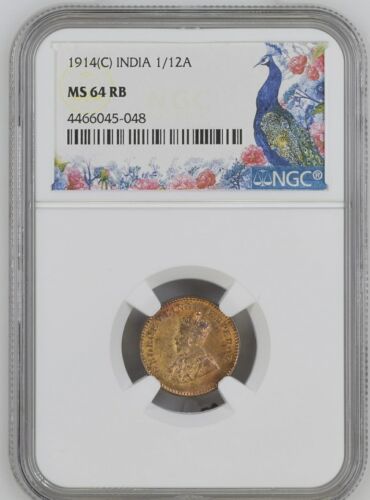 1914(C) 1/12 Anna KG V British India - NGC Graded MS 64 RB - Picture 1 of 2