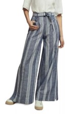 Anthropologie Beachy Wide Leg Pants Linen Blend Blue White Striped sz 4 EUC