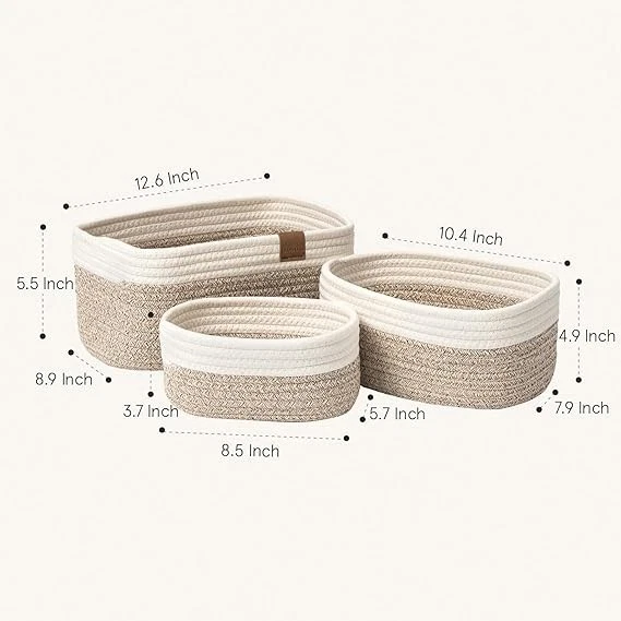 Juego de 3 pequeñas cestas de almacenamiento de cuerda de algodón organizadoras tejidas contenedores baño infantil Foto 2 de 4