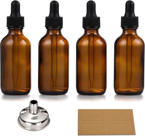 4 Pack, 1 Oz Thick Dark Amber Glass Dropper Bottles with 1 Funnels & 4 Labels - 