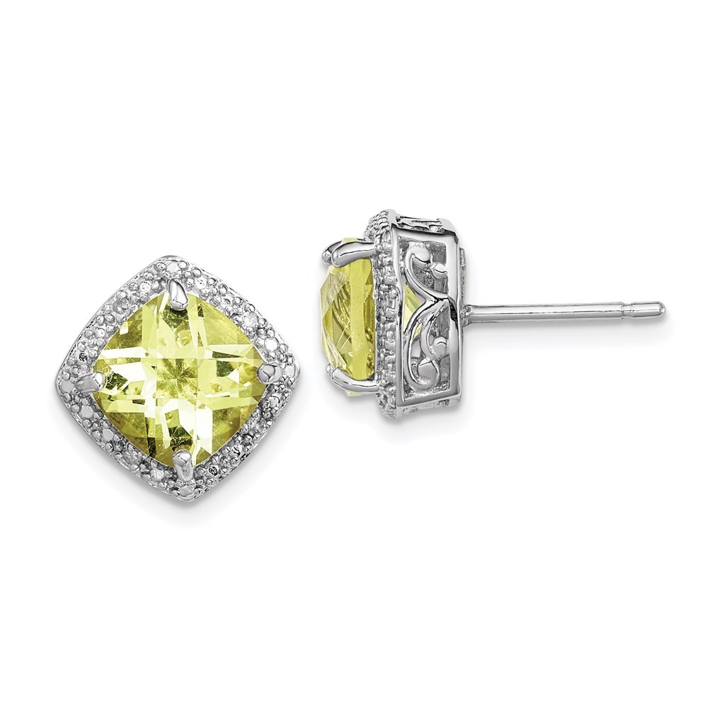 Sterling Silver Rhodium-plated Lemon Quartz and Diamond Stud Earrings