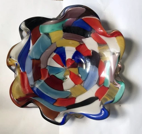 VINTAGE MURANO GLASS LARGE BOWL MULTI COLORS PEZZATO 10.5"
