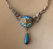 Vintage Necklace Art Nouveau Pendant W Antique Iridescent Dragonfly Czech Glass