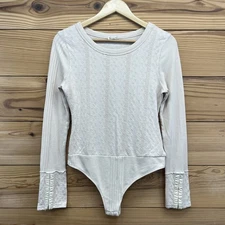 Intimately Free People Bodysuit Med Oatmeal Textured Ribbed Hook Eye Sleeve B63