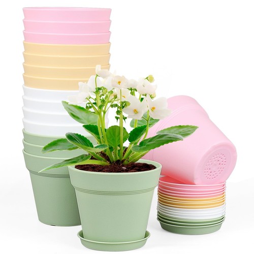 6 inch Plastic Nursery Pots, 16 Pack Plant Pots for Indoor Outdoor Plants, Fl...