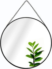 Black Metal Rimmed Round Mirror 30 centimeter with Hanging Chain Ideal for Bath