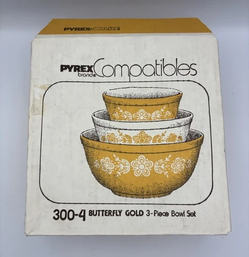 Vtg NOS 3-Piece Pyrex Compatibles 300-4 Butterfly Gold Mixing Bowls New in Box