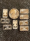 Lot of (8)  1 gram & (1) 1/10 .999 Pure Silver Bars Rounds - Mix Designs #1046
