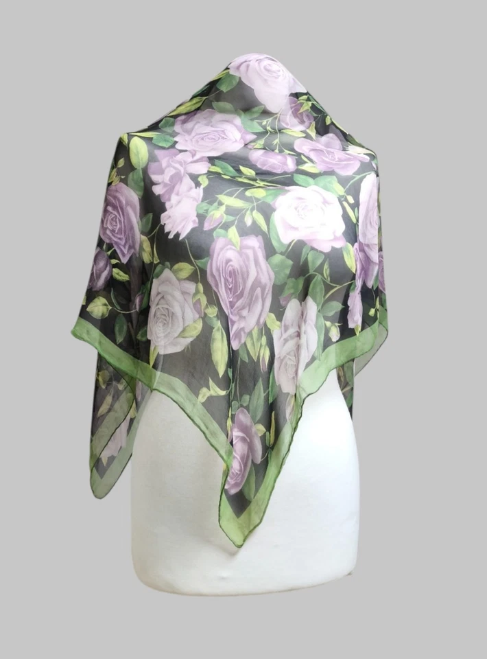 DOLCE & GABBANA Verde Negro Púrpura Seda Gasa Bufanda Floral USADA SIN ETIQUETA Foto 4 de 4