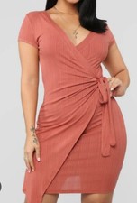 Women Ribbed Wrap Bodycon Dress Short Sleeve V Neck Tie Waist Pink Size M