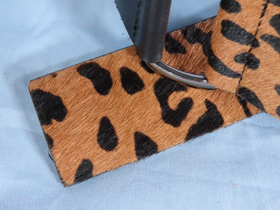 New VTG CARLISLE BELT Black Leather CALF HAIR LEOPARD PRINT Silver Rings SZ M - Image 3 of 4