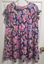 Simply Southern Floral Dress Women Medium Navy Pink Ruffle Sleeve Tiered Casual 