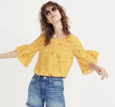 Madewell Women s 100% Silk Ruffle-Sleeve Top Painted Carnations Size XS NWT