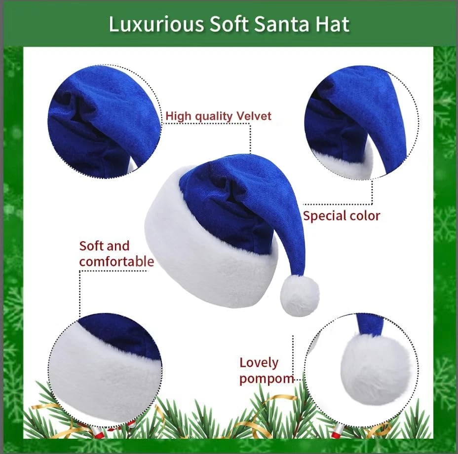Санта шляпа, Рождественская шляпа для унисекс взрослых Deluxe бархата Рождество Санта синий - Изображение 4 из 4
