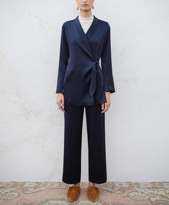 $595 Nanushka Blue Satin Belted Opium Wrap size Medium