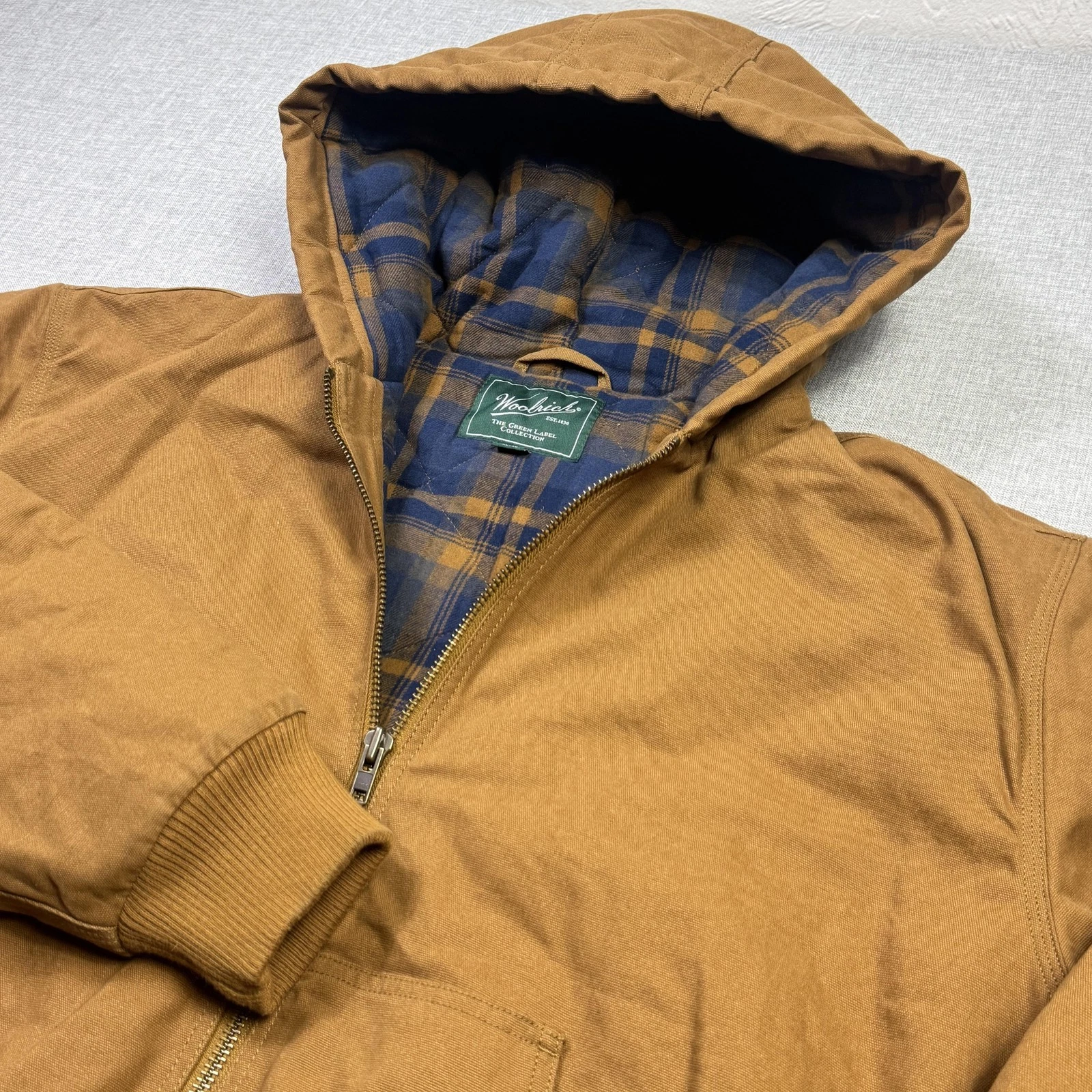 Woolrich Canvas Jacket Mens XL Brown Hooded Plaid Lined Insulated Full Zip