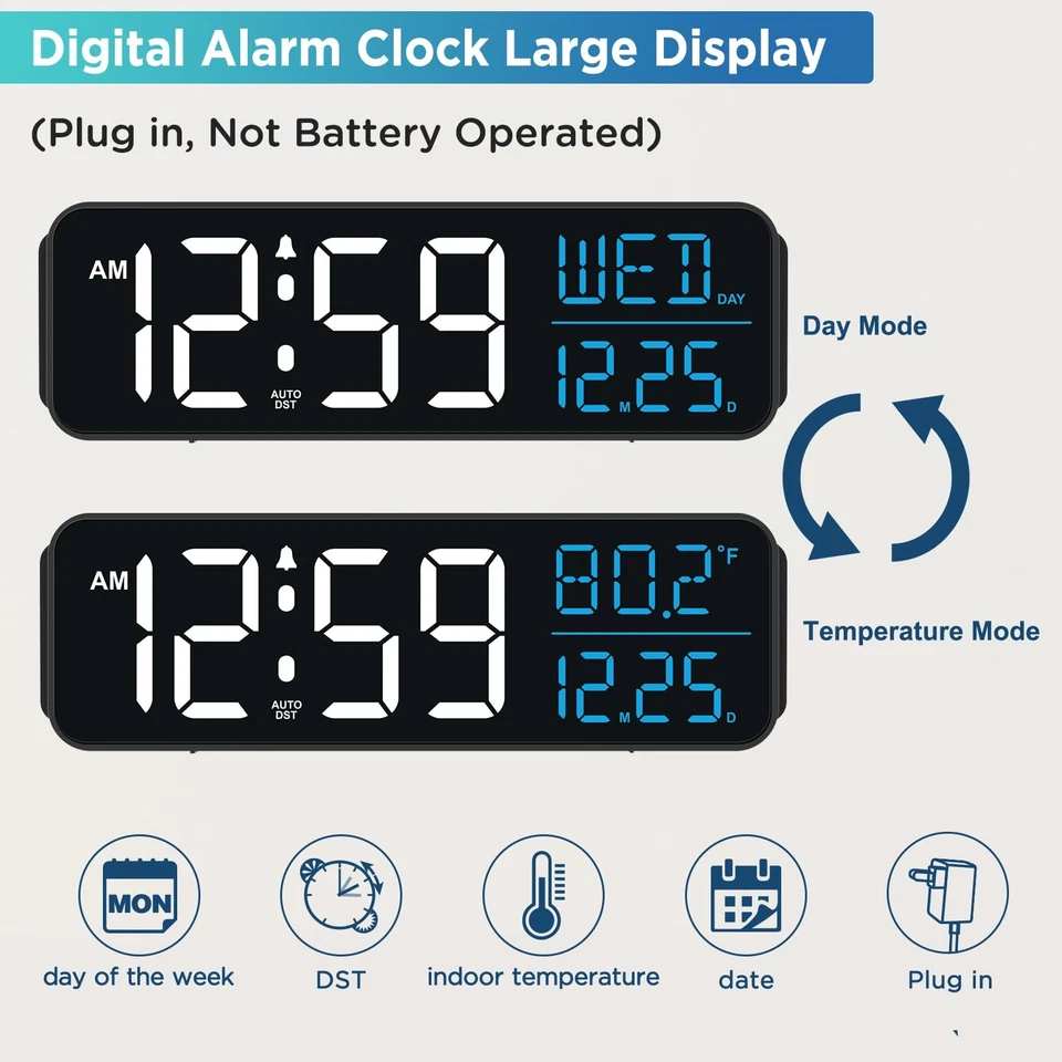 Large Display Digital Alarm Clock for Bedrooms, Date Day of Week Temp Desk Ta... - Image 2 of 4