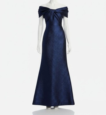 Rickie Freeman for Teri Jon Womens Blue Metallic Jacquard Twist Gown Dress Sz 8