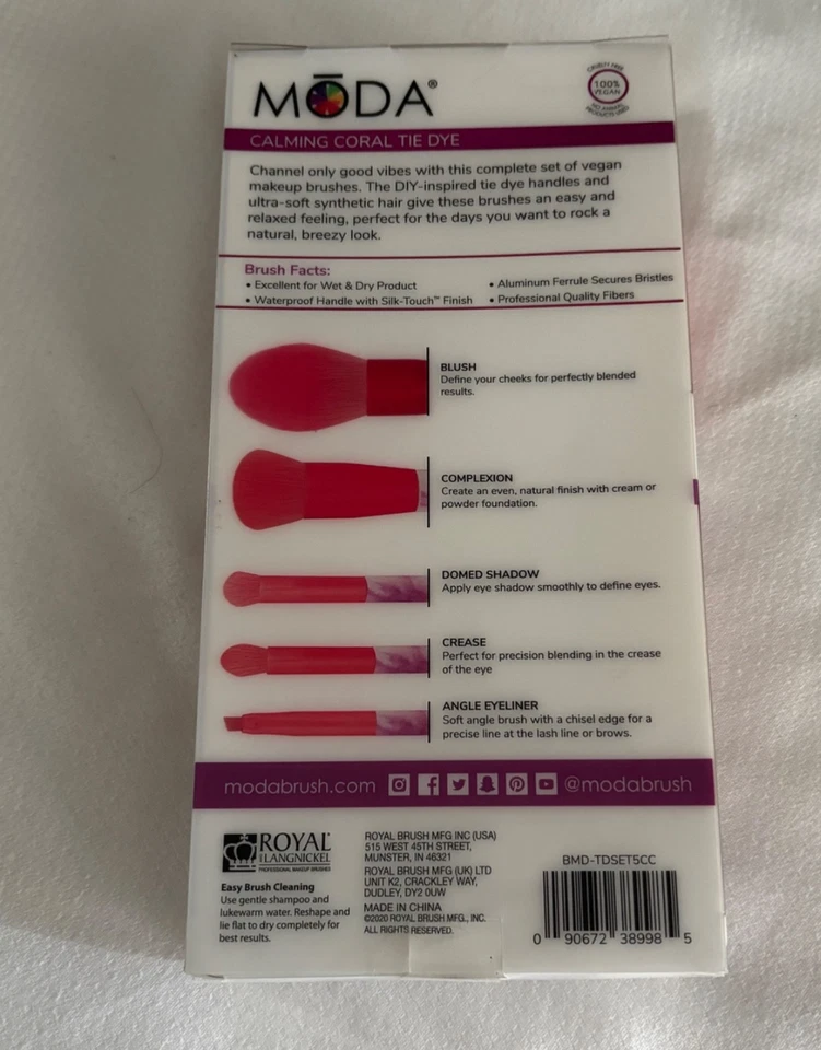 New! Limited Edition Moda 5Pc CALMING CORAL Tye Dye Series Makeup Brush Set  - Image 4 of 4