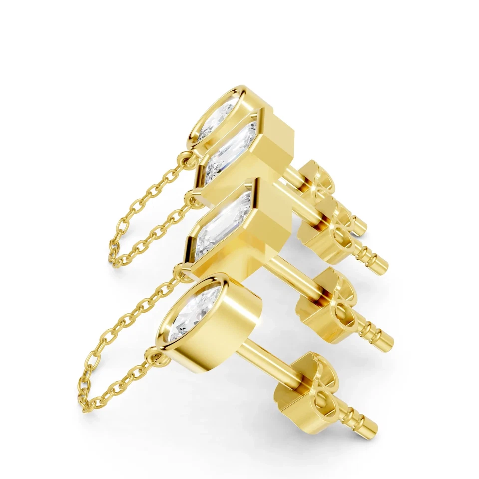 14K Lab-Created Diamond Emerald Oval Cut Chain Stud Earring EF VS Push Back - Image 2 of 4