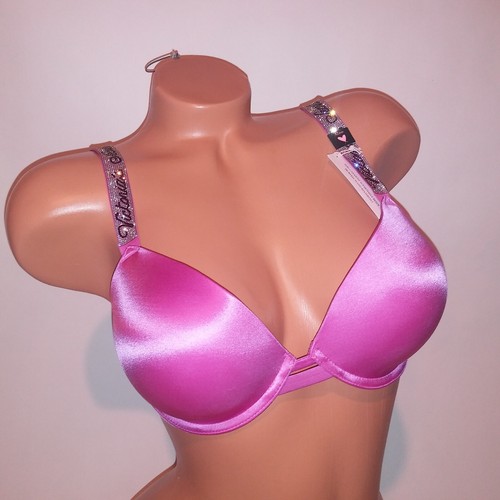 Victoria Secret Bra Push Up 32DD Pink Shine Strap Logo Solid Very Sexy Underwire - Picture 3 of 8
