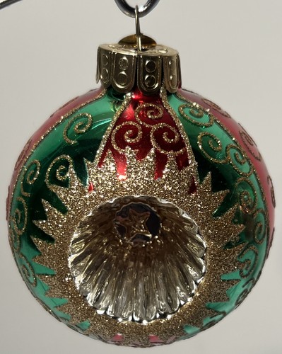 2 -Radko Red Green Stripe Gold Curls Indent Reflections Glass Christmas Ornament - Picture 4 of 8