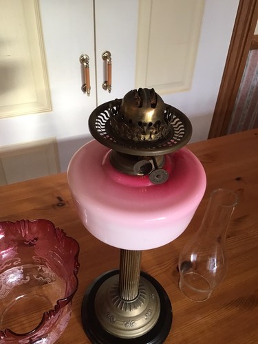 Oil Lamp Antique Duplex Burner Cranberry Glass Shade Glass Font Lovely - Picture 11 of 21