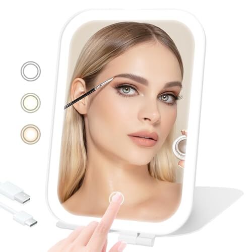 Portable Travel Makeup Mirror with 3 Adjustable White Lights-image