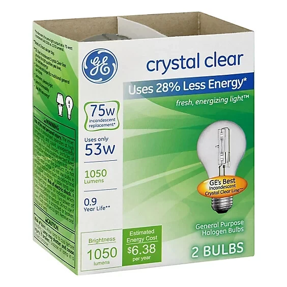 2 GE 53W 53 75 Watt Output Crystal Clear A19 Medium Base Light Bulbs