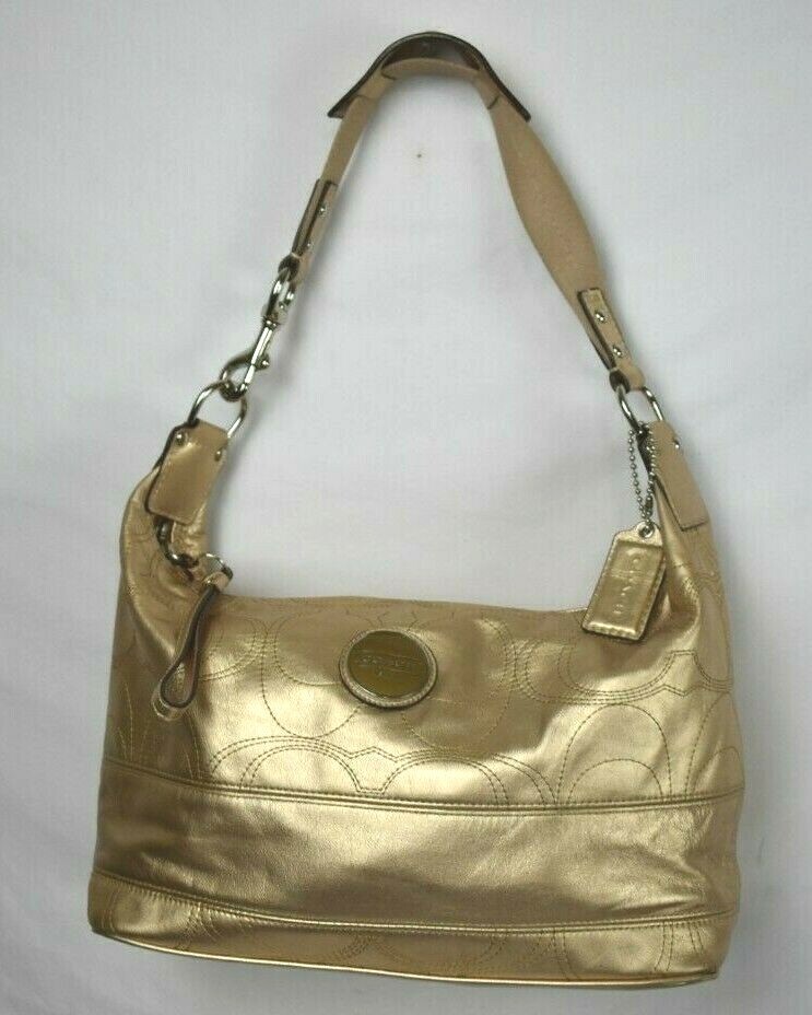 AUTH Coach 18882 Signature Stitch Gold Metallic Leather Hobo
