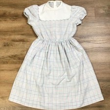 VTG Dress Girls Size 12 Bib Chest Short Sleeve Plaid Spring Easter Pastel Multi