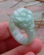 Certified Icy Green Burma Natural A JADE Jadeite Flower RING USA.9    552624