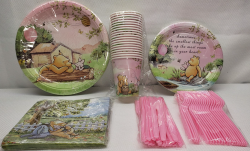 120 Stück Winnie Pooh Babyparty Party Teller Servietten Tassen Gabeln Classic Bear Rosa