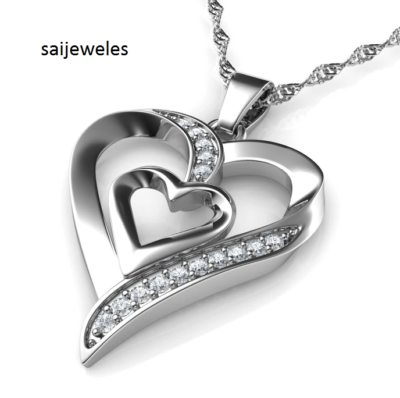 Lab Created 1CT Round Cut VVS1 Diamond Double Heart Pendant 14K