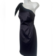 NWT Eliza J Women’s Navy Blue One-Shoulder Bow Detail Satin Sheath Dress Size 6