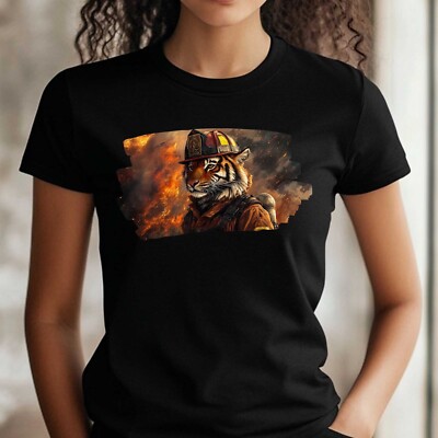 Frauen T-Shirt Tiger als Feuerwehrmann Motiv Baumwolle Größe S bis 3XL