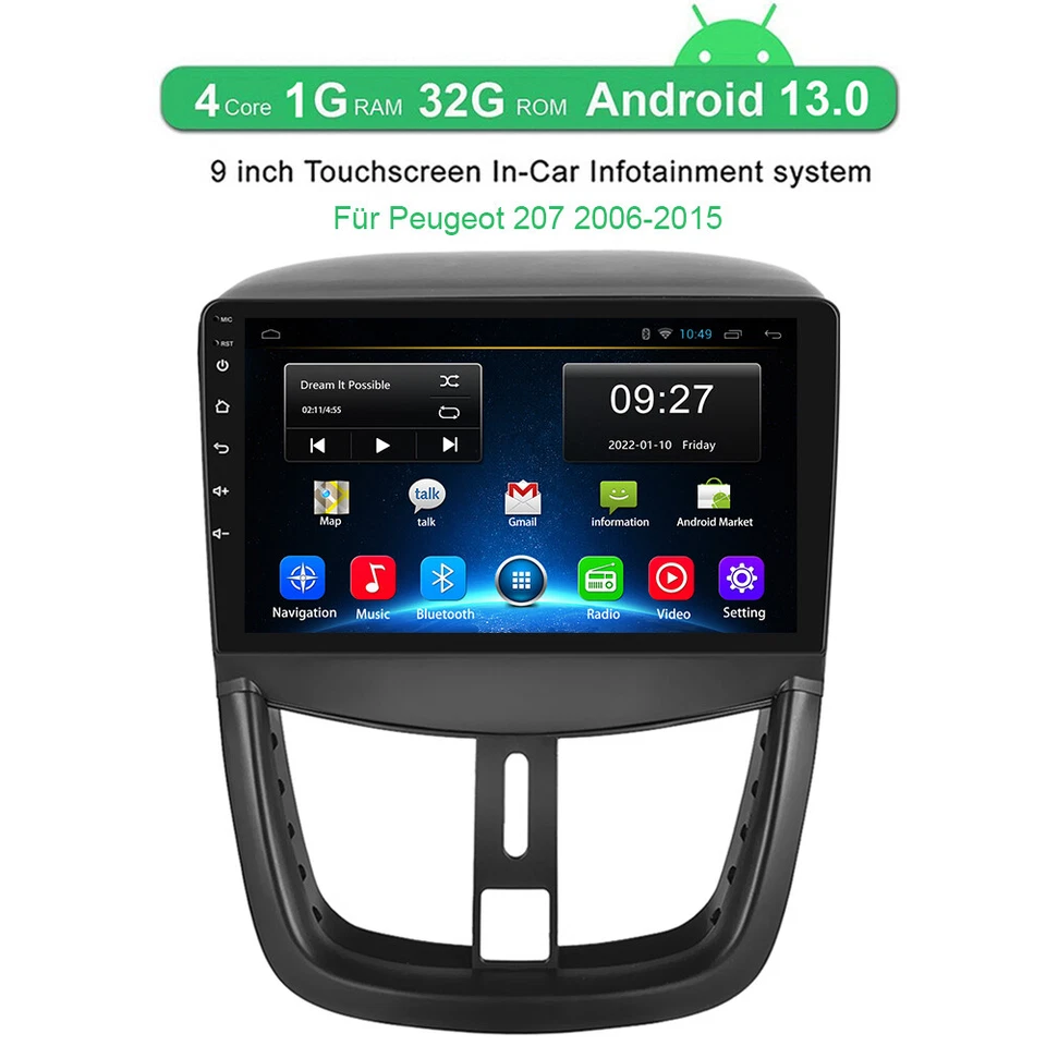 Für Peugeot 207 2006-2015 9" Android 13 Autoradio Stereo GPS Navi BT WIFI FM RDS - Bild 2 von 4