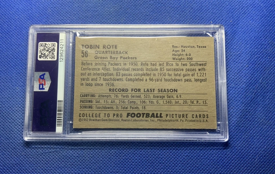 1952 Bowman Large Tobin Rote #56 PSA 5 EX  - Image 2 of 2