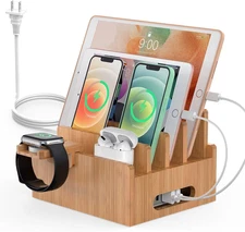 Bamboo Charging Station for Multiple Devices with 5 Port USB Charger, 5 Cables, 