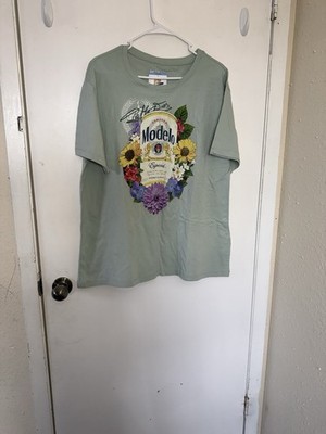 NWT Women s Large Modelo Cerveza T Shirt, Light Green Floral Design