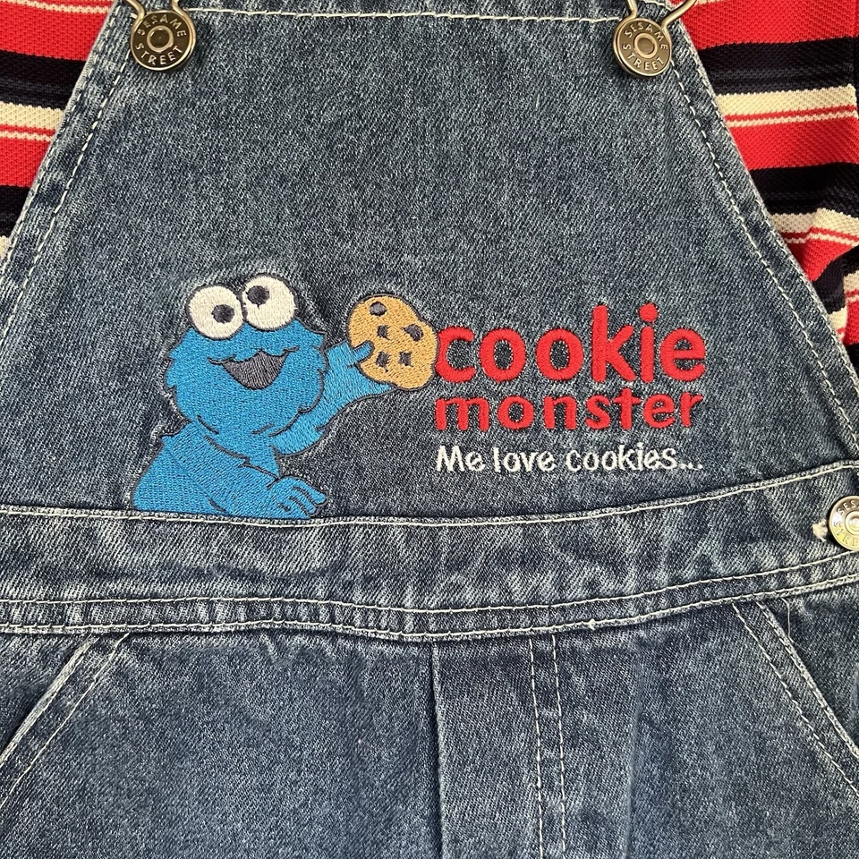 Vintage 90s Sesame Street Cookie Monster Denim Overalls Set Baby Size 24 Months - Image 3 of 4