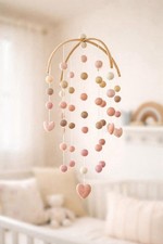 Handmade Wooden Nursery Mobile Multicolor Pink White Beige Decorative Beads Crib