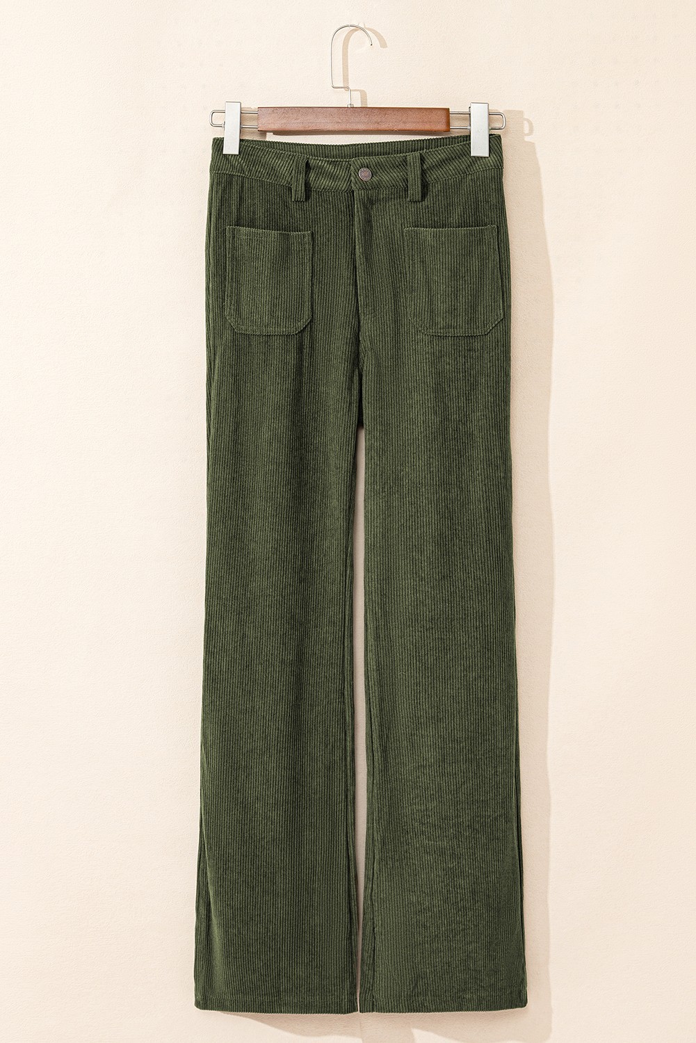 Women’s Green Soft Corduroy Trousers High Waist Straight Leg Square Pockets L image 4