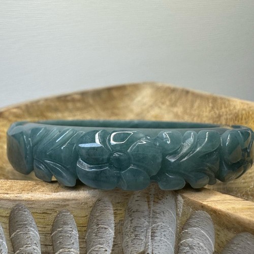 Floral Carved Blue Water Jade Bangle Bracelet - 59.7mm - Picture 2 of 4