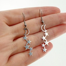 Silver Moon  Star Dangle Earrings  Celestial Shooting Star Drop Jewelry