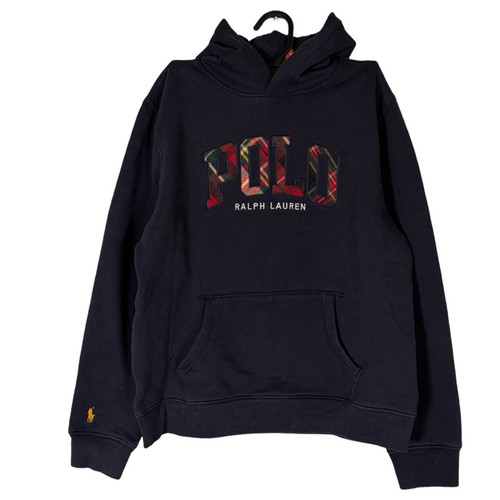 Polo Ralph Lauren Navy Blue Plaid Logo Fleece Lined Hoodie    Size: L (14-16)